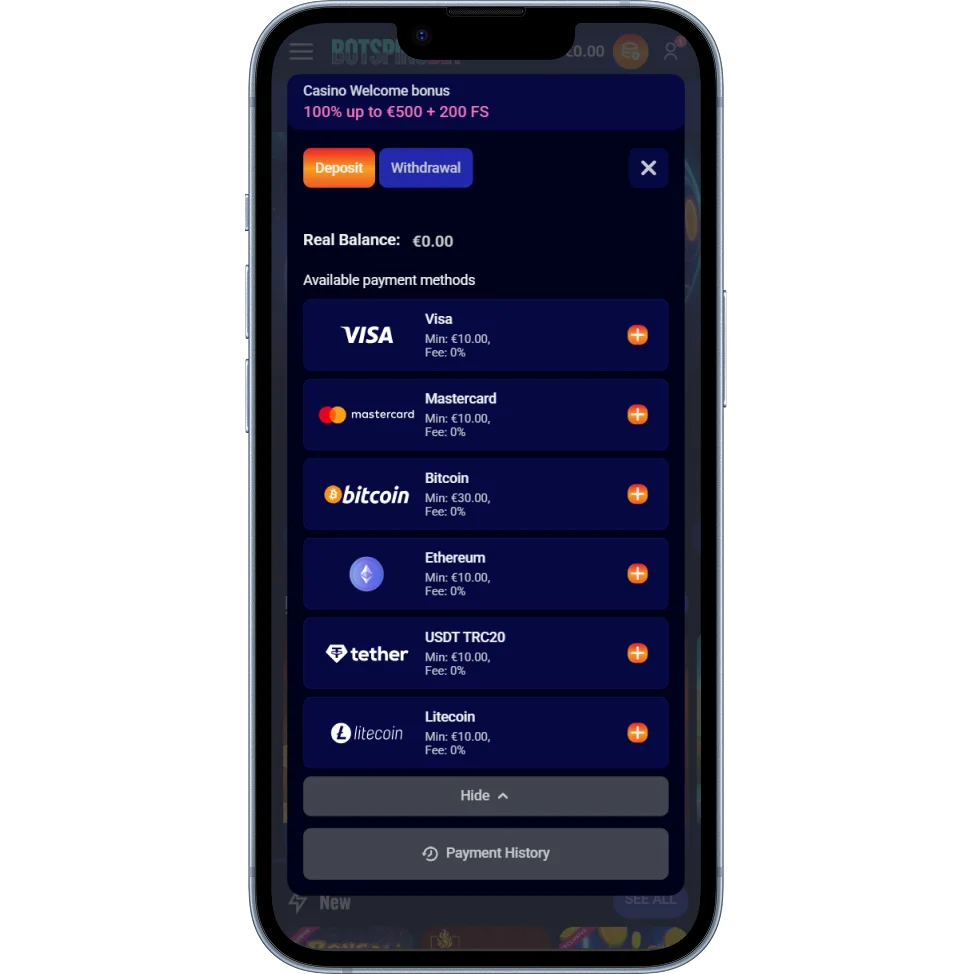 BotSpinsBet Casino Deposit Options