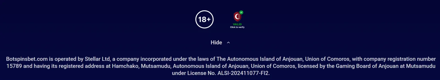 BotSpinsBet Casino Licence
